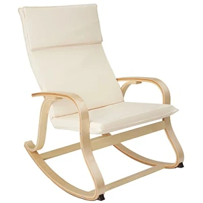 Image of TecTake® Rocking Chair, Scandinavian Style Armchair with Comfortable Cushions, Solid Birch Wood Frame, Non Slip Felt Runners, Removable Cover, Perfect for Living Room, Nursery &amp; Bedroom Beige