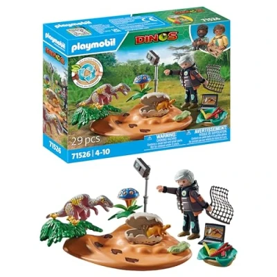 Image of Playmobil 71526 Dinos: Stegosaurus Nest with Egg Thief, protecting dinosaur eggs from the Velociraptor, including net, measuring tape and camera, sustainable play sets suitable for children ages 4+