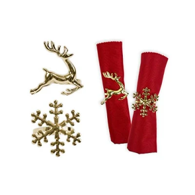 Image of Napkin Rings Set of 6 Gold Snowflake Reindeer Christmas Lunch Party Tableware Decorations Holder