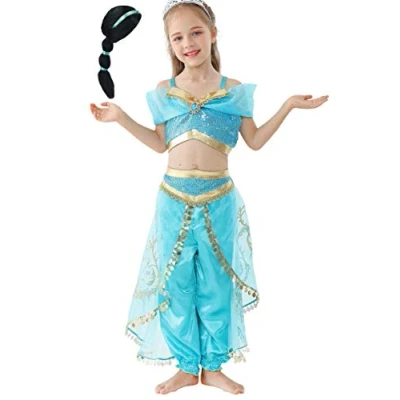 Image of Lito Angels Arabian Princess Jasmine Fancy Dress Up Costume with Wig for Kids Girls Belly Dance Party Outfit Age 8 9 Years, A