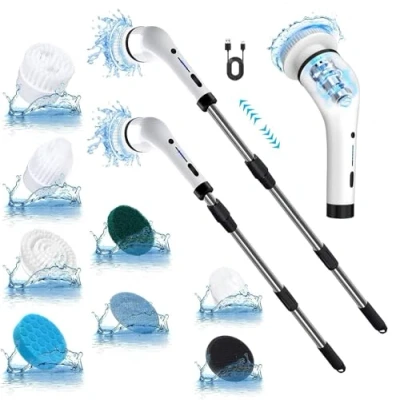 Image of Electric Cleaning Brush Scrubber, Floor Scrubber with 8 Replaceable Heads and Adjustable Extension Arm, Cordless Spin for Bathroom Tile Tub Kitchen Car