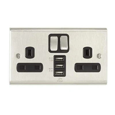 Image of Deta SD1299SSB Switched Socket 13 Amp 2 Gang &amp; 3 x USB Ports Stainless Steel