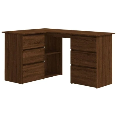 Image of vidaXL Corner Desk Modern and Sleek Engineered Wood Featuring Six Drawers Two Compartments Brown Oak 145x100x76 cm