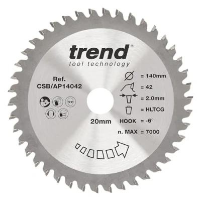Image of Trend Aluminium &amp; Plastic Circular Saw Blade, 140mm Diameter, 20mm Bore, 42 Teeth, 2mm Kerf, 6 Hook, TCT, Extra Fine Finish, CSB/AP14042