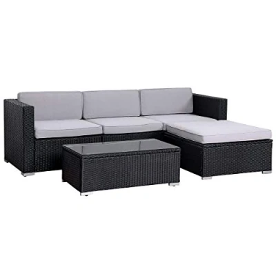 Image of EVRE California Black Outdoor Rattan Garden Furniture Conversation Set with Handwoven PE Wicker Sectional Sofa Glass Top Table Cushions for Patio Deck Conservatory