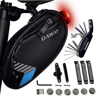 Image of DAWAY Bike Repair Kit with Taillight A36 Waterproof Bicycle Saddle Bag, 16 in 1 Multi Tool, Glueless Tyre Tube Patches, Tire Levers Included, Practical Cycling Under Seat Pack Set