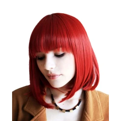 Image of Prettyland Red Mid length BOB Cut Short Hair Wig Straight Bangs Natural Matt for Daily Use C749