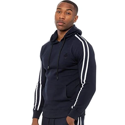Image of Enzo EZOHD584T Mens Fleece Hoodie Casual Gym Pullover Striped Hoody Top Logo Sweatshirt Hooded Jacket Size S XXL (Navy, XL, x_l)