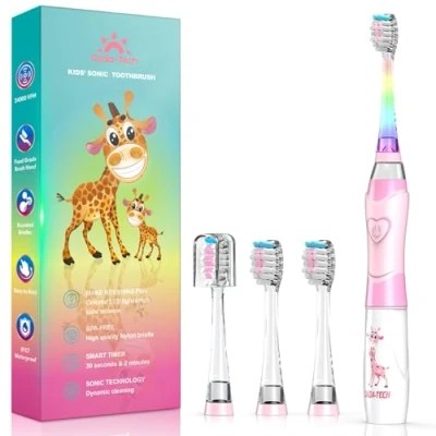 Image of Kids Electric Toothbrush 3 5 6 12, Toddler Girls with Timer Rainbow LED Light Up Sonic Battery Powered Junior Childrens (Pink Giraffe)