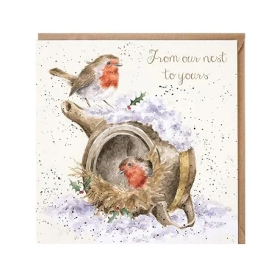 Image of Wrendale Designs Our Nest to Yours Christmas Card Robins in Snowy with Foil Details Eco Friendly and Recyclable