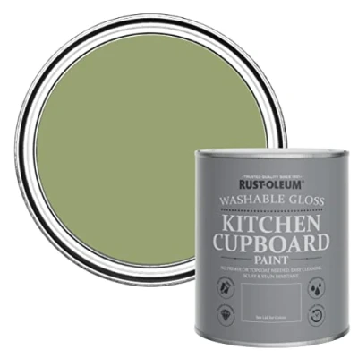 Image of Rust Oleum Green Kitchen Cupboard Paint in Gloss Finish Familiar Ground 750ml