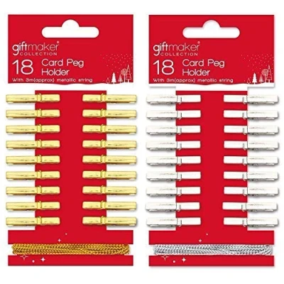 Image of Giftmaker Collection Set of 18 Gold or Silver Christmas Card Holder Pegs &amp; 3m String Cord (Both Colours)
