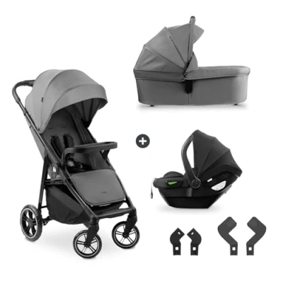 Image of hauck Shop N Care Trio Set, Grey Lightweight Pushchair (only 8.5 kg) with Snack Tray, Cup Holder &amp; Raincover, Fully Reclining up to 22 kg, Pram Unit i Size Car Seat from Birth