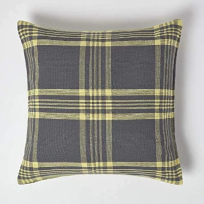 Image of HOMESCAPES Large Grey &amp; Yellow Tartan Cushion Cover 100% Cotton, 24 x Inches or 60cm 60cm, A Great Fit for Sofa Settee Cover, as Display your Bed Conservatory