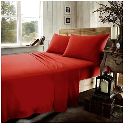 Image of Brushed Cotton Fitted Sheets, Thermal Flannel Bed Washable Plain Bedding Double Bed, Red