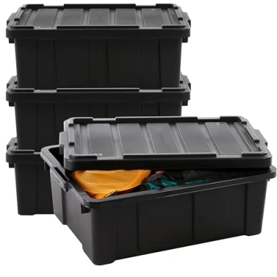 Image of Iris Ohyama Heavy Duty Organisation Boxes, 43L, Set of 4, Red, Large, Durable, Stackable, For Garage, Shelves, Moving, Plastic, Utility, Tool Box, DDSKT 430