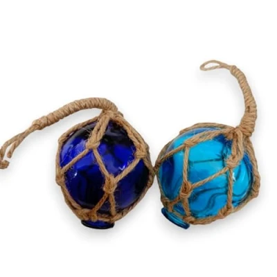 Image of Small 5cm Nautical Seaside Theme Glass Fisherman Floats Blue &amp; Turquoise Set of 2