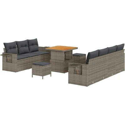 Image of vidaXL 10 Piece Garden Sofa Set with Cushions Grey Poly Rattan Acacia