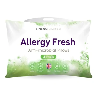 Image of Linens Limited Soft Pillows 4 Pack, Made in the UK, Allergy Fresh, and Firm with Orthopedic Support, Anti Hollowfibre, Machine Washable (White)