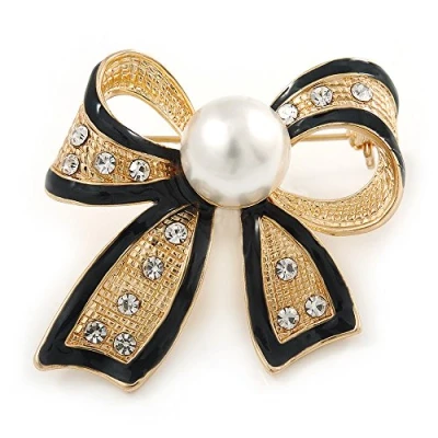Image of Avalaya Gold Tone, Black Enamel, Crystal, Pearl Bow Brooch 40mm L