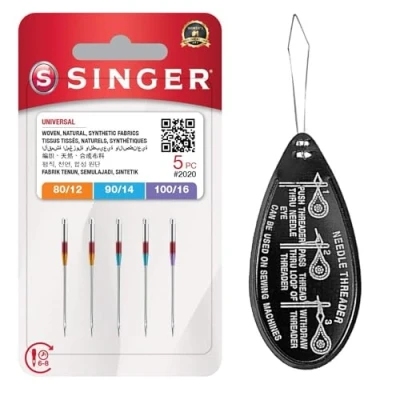 Image of Singer Universal 2020 Sewing Machine Needles, Packet of 5, Assorted Sizes 80/12, 90/14 &amp; 100/16, Includes Large Needle Threader