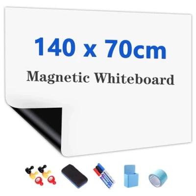 Image of JOMUSAGA Magnetic Whiteboard Paper, 140 x 70 cm, Self Adhesive Dry Erase Sheets, Film for Wall, Includes Wipe Pens, Eraser &amp; Magnets Ideal School, Home Office