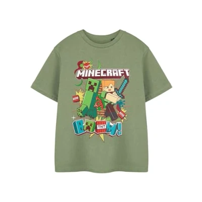 Image of Minecraft Boys Green Graphic Tee Classic Video Game Theme Top Characters Boom TNT Crew Neck Shirt Casual Wear Short Sleeve Pull On Apparel
