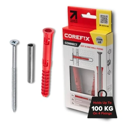 Image of Corefix 4 x 120mm Heavy Duty Dot &amp; Dab Wall Fixings Plasterboard Over Blockwork Plugs Screws For TV Bracket, Radiators, Shelving More Holds 100kg On