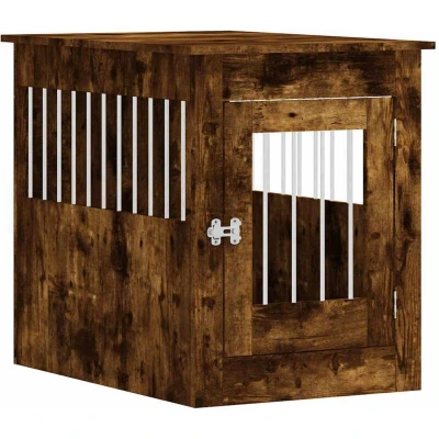 Image of &#039;vidaXL Smoked Oak Engineered Wood Dog Crate Furniture Versatile Kennel Cage with Steel Wire Windows, Lockable Door Ideal for Living Room, Bedroom or Lounge Area