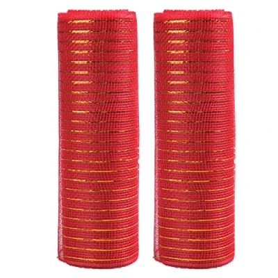 Image of XNHIU Euvoym 2 Rolls Red Christmas Decor Poly Mesh Ribbon 10 Inches x Yards Metallic Foil Deco for Tree Wreaths Swag Bows Garland Decoration (Red)