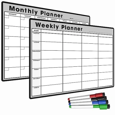 Image of TMS A3 Monthly Planner Whiteboard Magnetic Fridge Calendar for Meal Prep, Work or Family Planning Made in the UK (A3 + A3, Grey Combo)