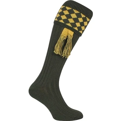 Image of JACK PYKE Harlequin Shooting Socks with Garters, 8 to 11 UK, Green/Gold