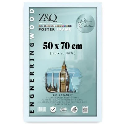 Image of Z&amp;Q Wall Mounted Poster Picture Frame White 50 x 70 cm Display Painting Photo Print With HD Clear Perspex Both Ways Hanging Hooks MDF Wood 30x15mm Moulding