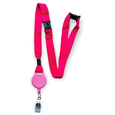 Image of Colourful 15mm Lanyard with Triple (3 Point) Safety Breakaway &amp; Retractable Integrated Badge Reel (Pink, 2 Lanyards)