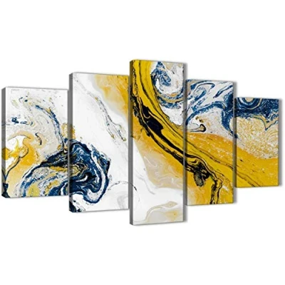 Image of 5 Panel Mustard Yellow and Blue Swirl Abstract Bedroom Canvas Pictures Decorations 5469 160cm XL Set Artwork Wallfillers