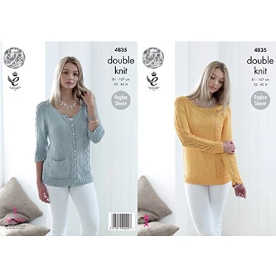 Image of King Cole Ladies Double Knitting Pattern Raglan Sleeve Lacy Sweater &amp; Cardigan (4835)