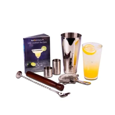 Image of Home Cocktail Set with Book by bar@drinkstuff Making Kit in Recyclable Gift Box Boston Shaker Tin &amp; Glass, Book, Hawthorne Strainer, Muddler, Twisted Mixing Spoon, 25ml 50ml Thimble Bar Measure