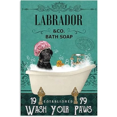 Image of AZOLID Metal Signs Retro Dog Black Labrador and Bath Soap Tin Sign Wall Art Poster for Home Bar Cafe Garage Bathroom 30X20CM
