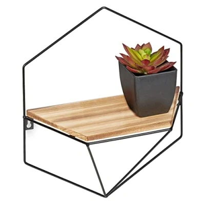 Image of Relaxdays Floating Shelf, Wall Mounted Hexagon, Lattice Frame, Iron &amp; mdf, HxBxT: 35 x 31 13,5 cm, Black/Light Brown