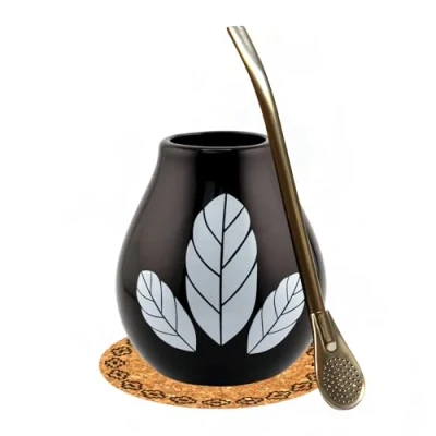 Image of Yerba Mate Tea Calabash Set, Cup Hoja Black, 350 ml, Ceramic Cup, Stainless Steel Drinking Straw, Bombilla 19 cm, Vessel, Straw