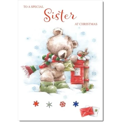 Image of doodlecards Sister Christmas Card Cute Bear at Post Box Medium Size for with Plain Envelope