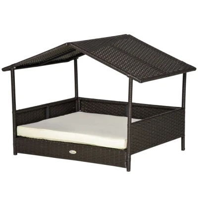 Image of PawHut Wicker Dog House Rattan Pet Bed with Soft Cushion Cat Basket Cream