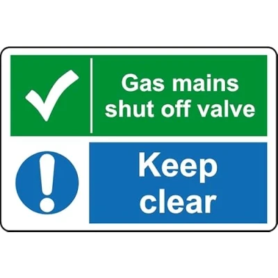Image of Gas Mains Shut Off Valve Keep Clear Safety Sign Self Adhesive Sticker (200mm x 150mm)