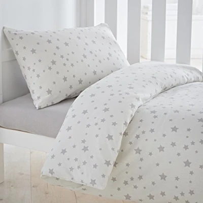 Image of Silentnight Safe Nights Cot Bed Duvet Cover Set 100% Cotton Toddler Child Quilt and Pillowcase Super Soft, Hypoallergenic Machine Washable Junior 150x120cm Grey Stars