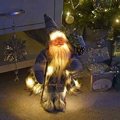 Image of Marco Paul 30cm Grey Santa Claus Christmas Decorations In lit Battery Operated Soft Plush Standing Figure LED Lights Festive Ornament Xmas Decoration Indoor Light Up