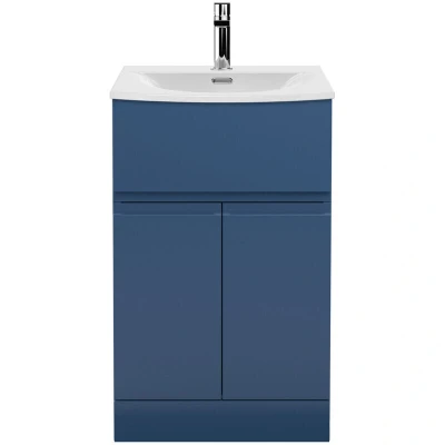 Image of Hudson Reed URB301G Urban Modern Bathroom Floor Standing 2 Soft Close Doors and 1 Drawer Vanity Unit with Round Ceramic Basin 30mm Profile, 500mm, Satin Blue