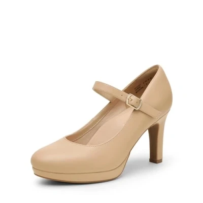 Image of DREAM PAIRS Women&#039;s Pumps Close Toe Classic High Heels Round Comfortable Low Platform Mary Jane Dress Shoes,Size 7.5,Nude,SDPU2425W