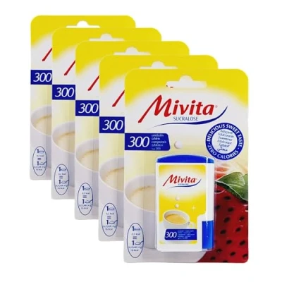 Image of Mivita Sucralose Sweetener, zero calories (sugar free), pocket size dispenser, Pack of 5 total 1500 tablets (300 each)
