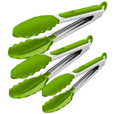 Image of Silicone Kitchen Cooking Tongs Salad Serving BBQ Stainless Steel Handle Utensil (Green)