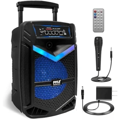 Image of Pyle, Portable PA Systems for DJ 800W Rechargeable Outdoor Speakers, w/ 12 Subwoofer 1 Tweeter, Loudspeaker Portable, w/Microphone, Bluetooth, Lights, Recording Function, USB, Radio